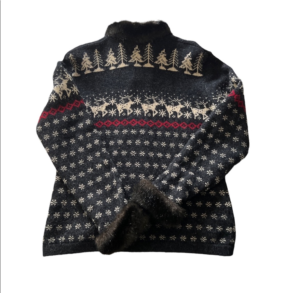 SKYR Nordic Fair Isle Faux Fur Collar/cuffs Wool Cardigan VTG Hong Kong EUC
